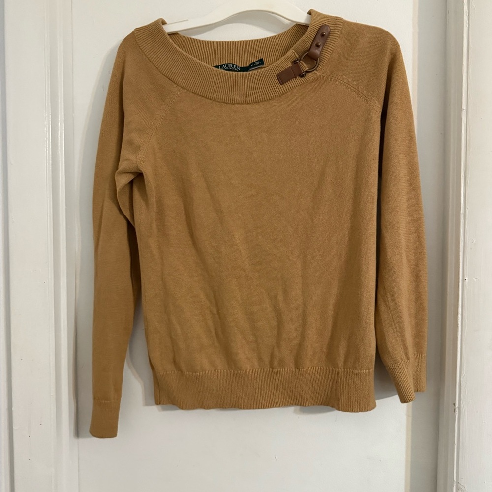 Lauren Ralph Lauren Camel Crewneck Sweater Leather Buckle Accent Size M